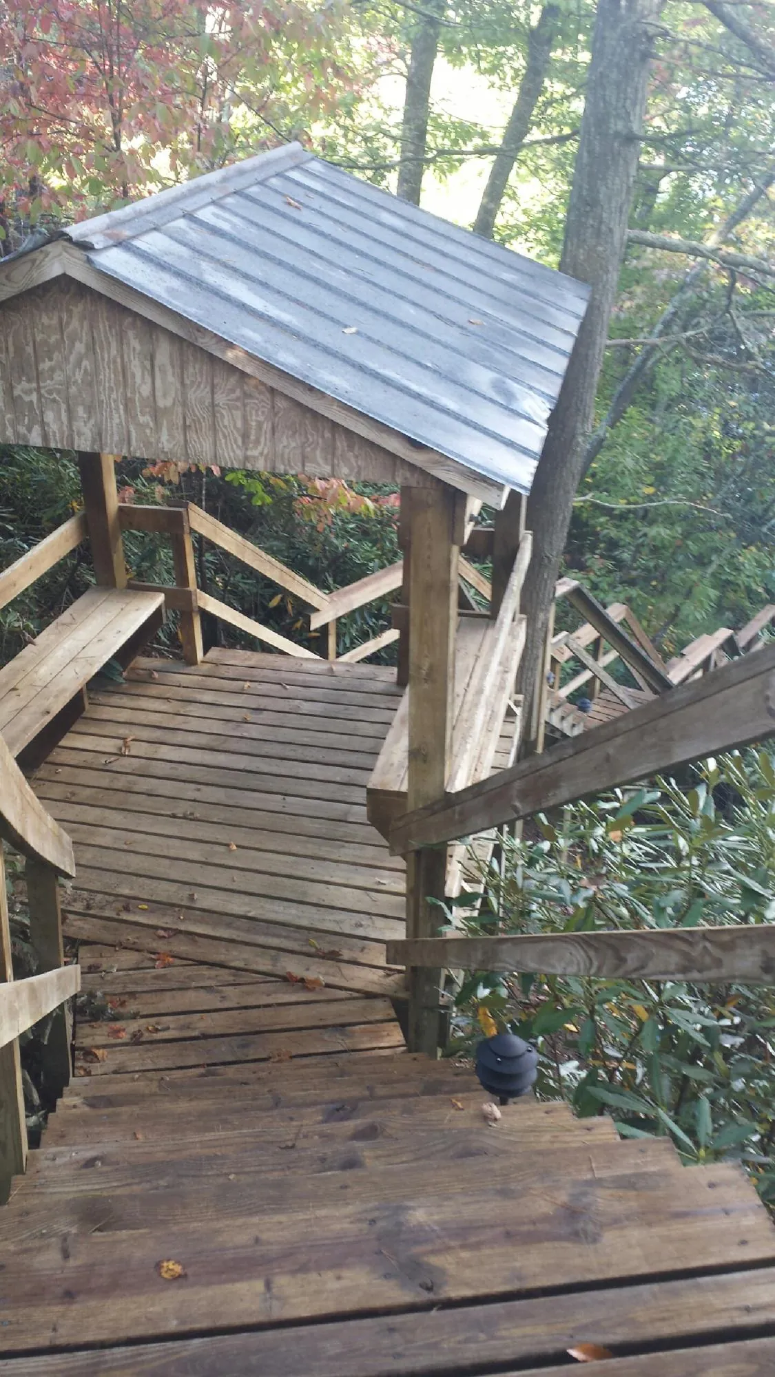 Metal roofed shelter over wooden steps on a wooded walkway — Skylight Repair & Installation work by our crew in Snow Camp